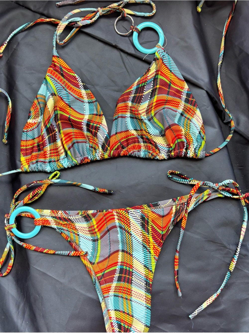 🩵🧡Sexy Psychedelic Plaid Bikini -Turquoise accent Rings🩵🧡